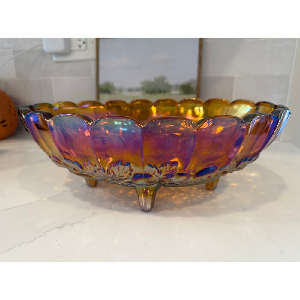 Vintage Indiana Glass Iridescent Carnival Glass Footed‎ Oval Fruit Design Bowl